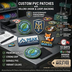 May include: Custom PVC patches with Velcro hook and loop backing featuring various designs including Eco-Ventures, Peak Solutions, and Pixel Quest. The display includes a Mastermind Trading Corporation logo, production process steps, and quality assurance text.