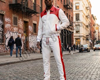 Tuta da uomo in pelle di lusso - Completo streetwear urbano in due pezzi bianco e rosso