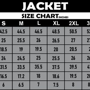 May include: A jacket size chart in inches, with measurements for chest, back length, shoulder, sleeve, hip, bicep, and cuff. Sizes range from S to 5XL. The word "JACKET" is at the top.