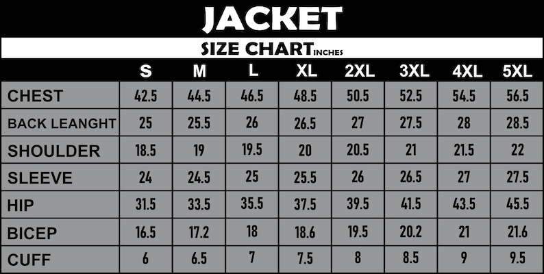 May include: A jacket size chart in inches, with measurements for chest, back length, shoulder, sleeve, hip, bicep, and cuff. Sizes range from S to 5XL. The word "JACKET" is at the top.