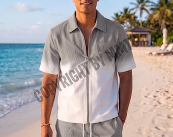 Completo da uomo estivo in pelle grigia con pantaloncini e camicia – Outfit estivo per festival – Abiti estivi – Pelle di agnello