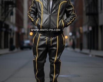 Tuta da uomo in pelle Brayden con cappuccio [Nero/Giallo] 100% pelle di agnello