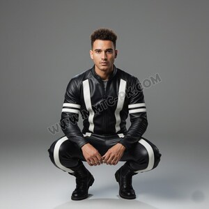 May include: Black leather racing suit with white stripes down the sides and arms. The suit includes a jacket and pants, and is worn with black boots. The person is squatting in a studio setting.