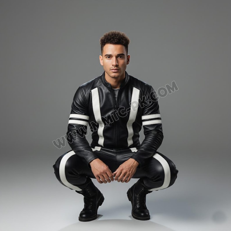 May include: Black leather racing suit with white stripes down the sides and arms. The suit includes a jacket and pants, and is worn with black boots. The person is squatting in a studio setting.