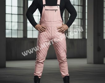 Tuta intera in pelle rosa baby da uomo, stile motociclista, con pettorina in pelle