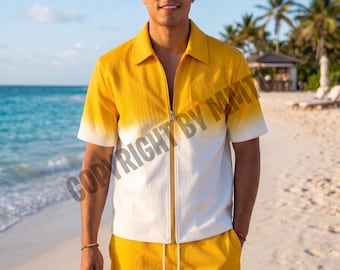 Completo da uomo estivo giallo con pantaloncini e camicia in pelle – Outfit estivo per festival – Abiti estivi – Pelle di agnello