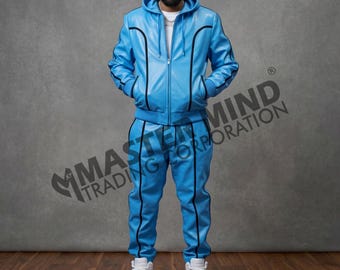 Men's Hoodie Brayden Leather Track Suit [Baby Blue/Black] 100% Real Lamb Leather