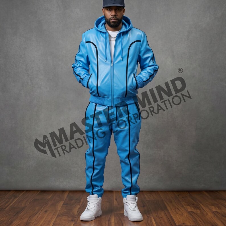 Men's Hoodie Brayden Leather Track Suit [Baby Blue/Black] 100% Real Lamb Leather image 1