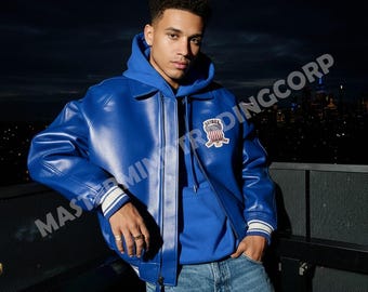 Men's Blue Avirex Style Icon Leather Jacket 100% Real lamb Leather