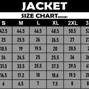 Puede incluir: Una tabla de tallas para chaquetas en pulgadas, que muestra las medidas de pecho, largo de espalda, hombro, manga, cadera, b&iacute;ceps y pu&ntilde;o. Las tallas van de la S a la 5XL.