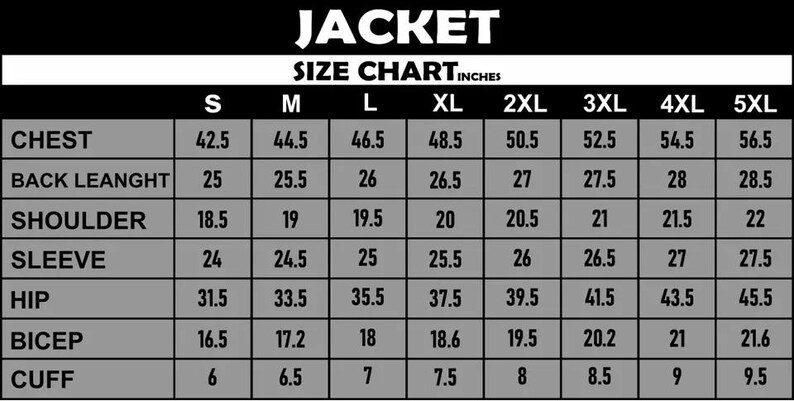 Puede incluir: Una tabla de tallas para chaquetas en pulgadas, que muestra las medidas de pecho, largo de espalda, hombro, manga, cadera, b&iacute;ceps y pu&ntilde;o. Las tallas van de la S a la 5XL.