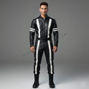 May include: Black leather jumpsuit with white stripes down the sides and arms. The jumpsuit has a zipper closure and a belt at the waist. The model is wearing black boots.