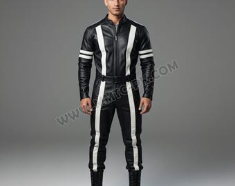 Men's Lamb Leather Jumpsuit: Biker Stripe Romper Suit