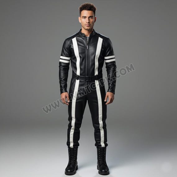 Men's Lamb Leather Jumpsuit: Biker Stripe Romper Suit
