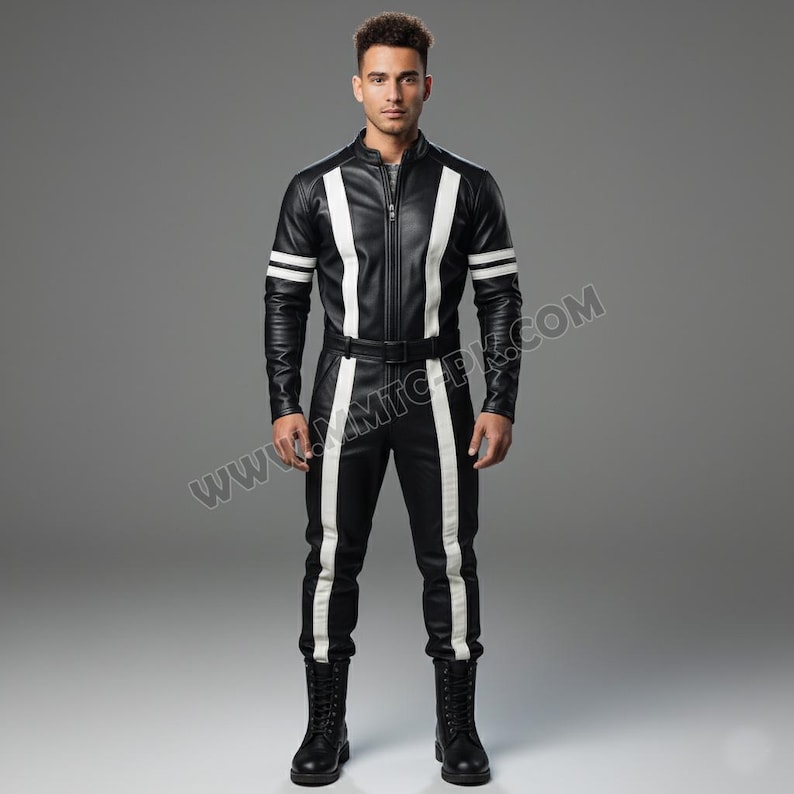 May include: Black leather jumpsuit with white stripes down the sides and arms. The jumpsuit has a zipper closure and a belt at the waist. The model is wearing black boots.