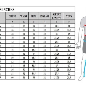 May include: A size chart for men's clothing, displaying measurements in inches for chest, waist, hips, inseam, sleeve length, and neck. Includes a diagram of a person with measurement points.