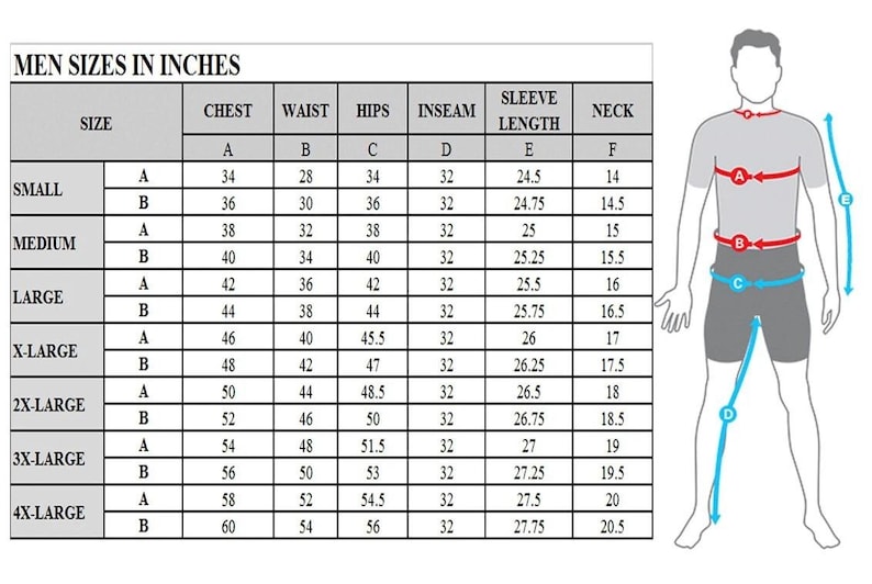 May include: A size chart for men's clothing, displaying measurements in inches for chest, waist, hips, inseam, sleeve length, and neck. Includes a diagram of a person with measurement points.