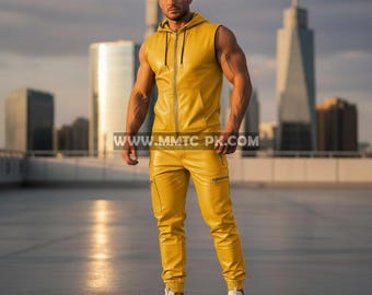 Men Genuine Yellow Lambskin Leather Sleeveless Track Suit Sweatsuit Hoodie Suit