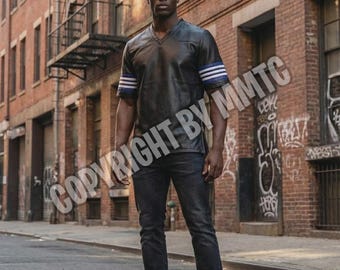 Maglia da calcio in pelle 100% vera pelle colore nero con strisce sulle maniche