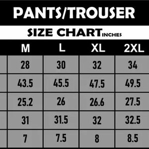Puede incluir: Tabla de tallas para pantalones o pantalones en pulgadas. La tabla muestra las medidas de cintura, cadera, Thai, dobladillo a la longitud y fondo para las tallas S a 5XL.