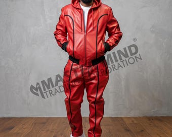 Men's Hoodie Brayden Leather Track Suit Set [Red/Black] 100% Lamb Leather