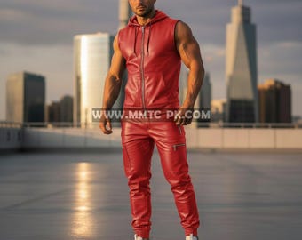 Men's Genuine Red Lambskin Leather Sleeveless Track Suit Sweatsuit Hoodie Suit