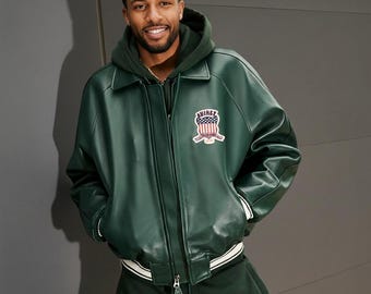 Chaqueta de cuero Avirex Style Icon verde para hombre, 100 % piel de cordero auténtica