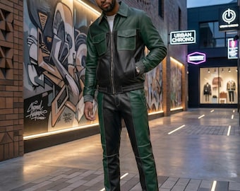 Tuta in pelle di agnello color-block: nera, cuciture a contrasto verde foresta