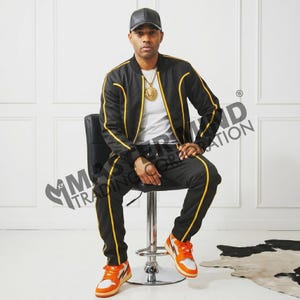 Men's Brayden Leather Track Suit Sweatsuit [Black/Yellow] 100% Real Lamb Leather image 2