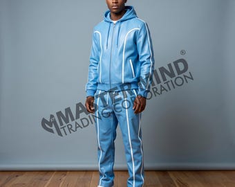 Men Hoodie Brayden Leather Track Suit [Baby Blue/White] 100% Real Lamb Leather