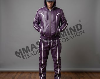 Men's Hoodie Brayden Leather Track Suit [Purple / White] 100% Real Lamb Leather