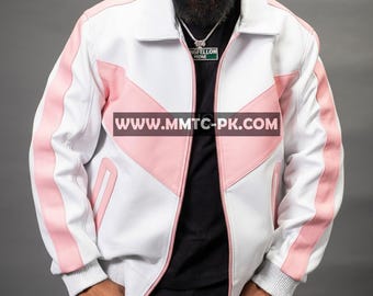 Men's V-Baseball Bomber Pony Leather Jacket [White/Baby Pink] 100% Real Lamb