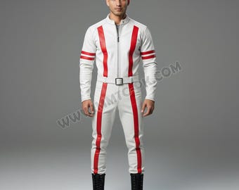 Mono de piel de cordero para hombre: mono de rayas de motociclista BLANCO/ROJO