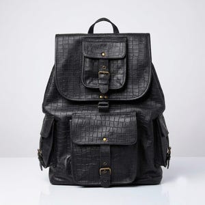 Black Crocodile Embossed Leather Backpack | Vintage Multi-Pocket Rucksack | Genuine Leather Travel Knapsack | Unisex Bag by Leather Vesture