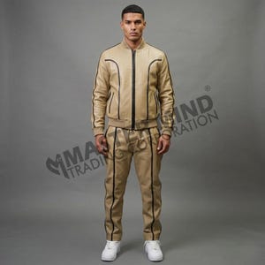 Herren Brayden Lederanzug [Khaki / Schwarz] 100% echtes Lammleder Bild 1