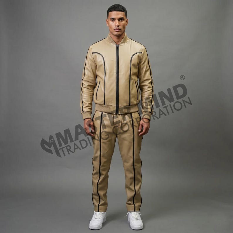 Herren Brayden Lederanzug [Khaki / Schwarz] 100% echtes Lammleder Bild 1