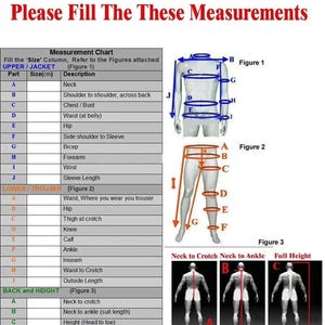 May include: A measurement chart with text reading "Please Fill The These Measurements." The chart includes diagrams for upper/jacket, lower/trouser, and back/height measurements, with labeled body parts and size descriptions.
