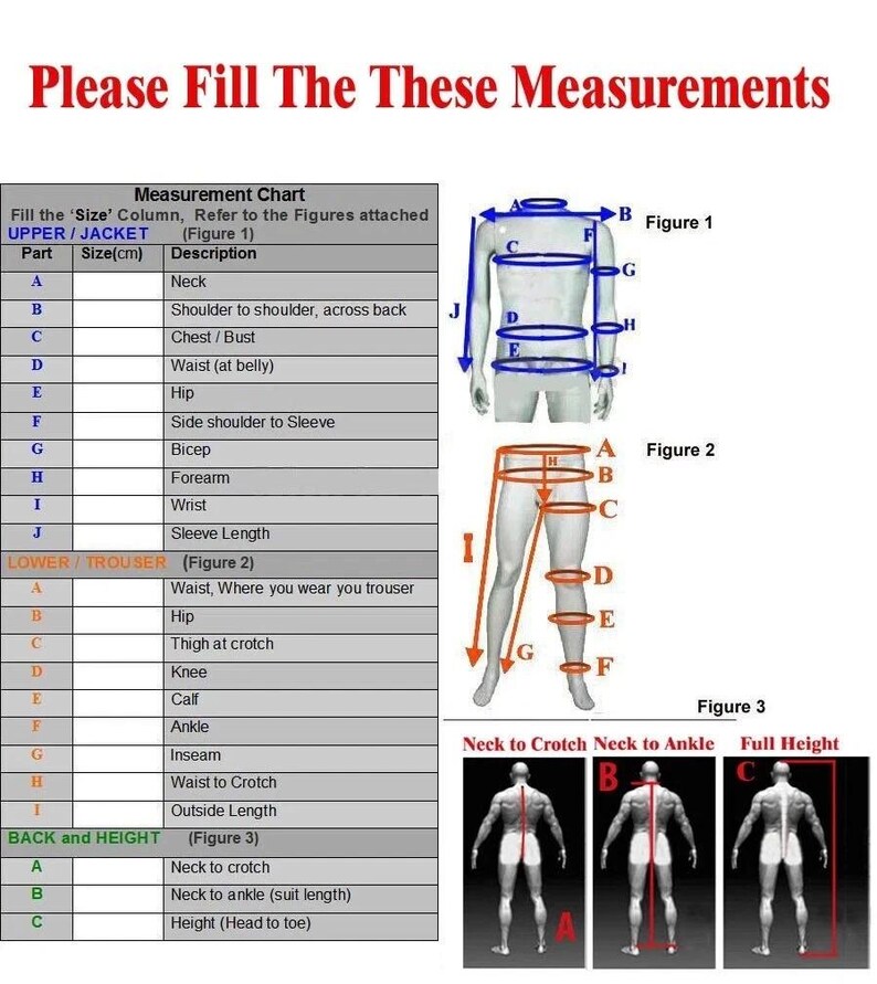 May include: A measurement chart with text reading "Please Fill The These Measurements." The chart includes diagrams for upper/jacket, lower/trouser, and back/height measurements, with labeled body parts and size descriptions.