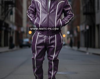 Tuta da uomo in pelle Brayden con cappuccio [Viola / Bianco] 100% vera pelle di agnello