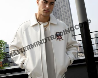 Men's White Avirex Style Icon Leather Jacket 100% Real lamb Leather
