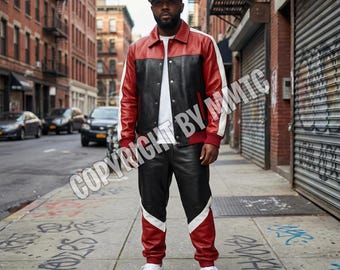 Tuta da uomo in pelle di agnello fatta a mano, rosso, nero e bianco, streetwear