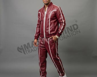 Men's Brayden Leather Track Suit Sweatsuit [Burgundy /White] Real Lamb Leather