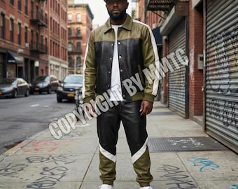 Men's Handmade Lamb Leather Track Suit, Olive Green Black White, Streetwear