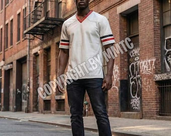 Handmade Leather Football Jersey: White with Red & Black Stripes