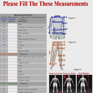 May include: A detailed measurement chart with diagrams for upper/jacket, lower/trouser, and back/height measurements. The text reads "Please Fill The These Measurements". Includes diagrams for neck, chest, waist, hip, and sleeve length.