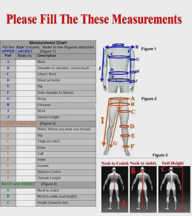 May include: A detailed measurement chart with diagrams for upper/jacket, lower/trouser, and back/height measurements. The text reads "Please Fill The These Measurements". Includes diagrams for neck, chest, waist, hip, and sleeve length.