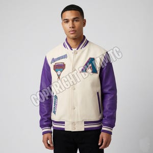 Arizona Diamondbacks Cream Wool Varsity Jacket with Purple Leather Sleeves