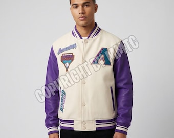 Arizona Diamondbacks Cream Wool Varsity Jacket with Purple Leather Sleeves