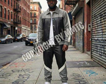 Men's Handmade Lamb Leather Track Suit, Grey,Black,White, Streetwear