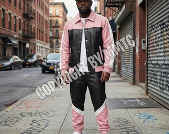 Tuta da uomo in pelle di agnello fatta a mano, rosa baby, nero e bianco, streetwear